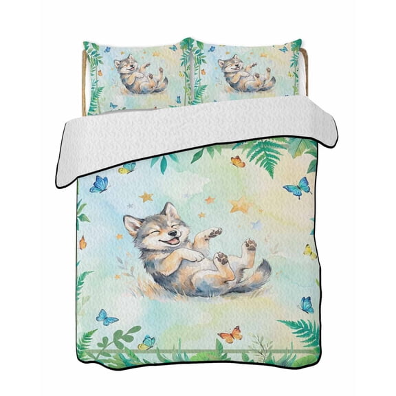 Twin Quilt Bedding Set, Cartoon Animal Reversible Summer Quilt 3 Pieces, Funny Wolf Summer Tropical Palm Plants Lightweight Bedspreads Coverlets with 2 Pillow Shams for All Seasons