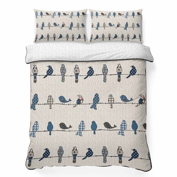 Twin Quilt Bedding Set, Cartoon Blue Grey Bird on Linen Cotton Soft Microfiber Summer Bedspread Coverlet with 2 Pillow Shams, Seamless Birdie on Lines Breathable Bedding Set for Hot Sleepers
