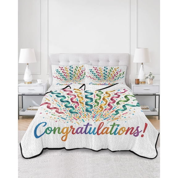Twin Quilt Bedding Set Celebration Colorful Ribbons Summer Quilt Lightweight Quilted Coverlet with 2 Pillow Shams, Joyful Congratulations Text 3-Piece Bedspread Quilt Set for All Season