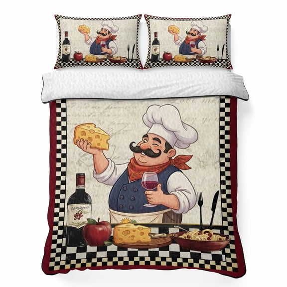 Twin Quilt Bedding Set Chef with Cheese Breathable Summer Cooling Blanket for Hot Sleepers, Wine Bottle Black Plaid Frame Lightweight Soft Bedding Set with 2 Pillow Shams for All Season