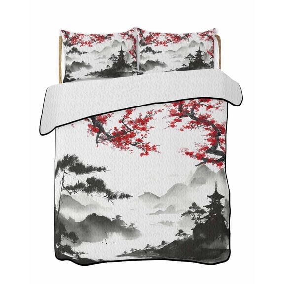 Twin Quilt Bedding Set, Chinese Mountain Reversible Summer Quilt 3 Pieces, Landscape Painting Red Plum Flowers Lightweight Bedspreads Coverlets with 2 Pillow Shams for All Seasons