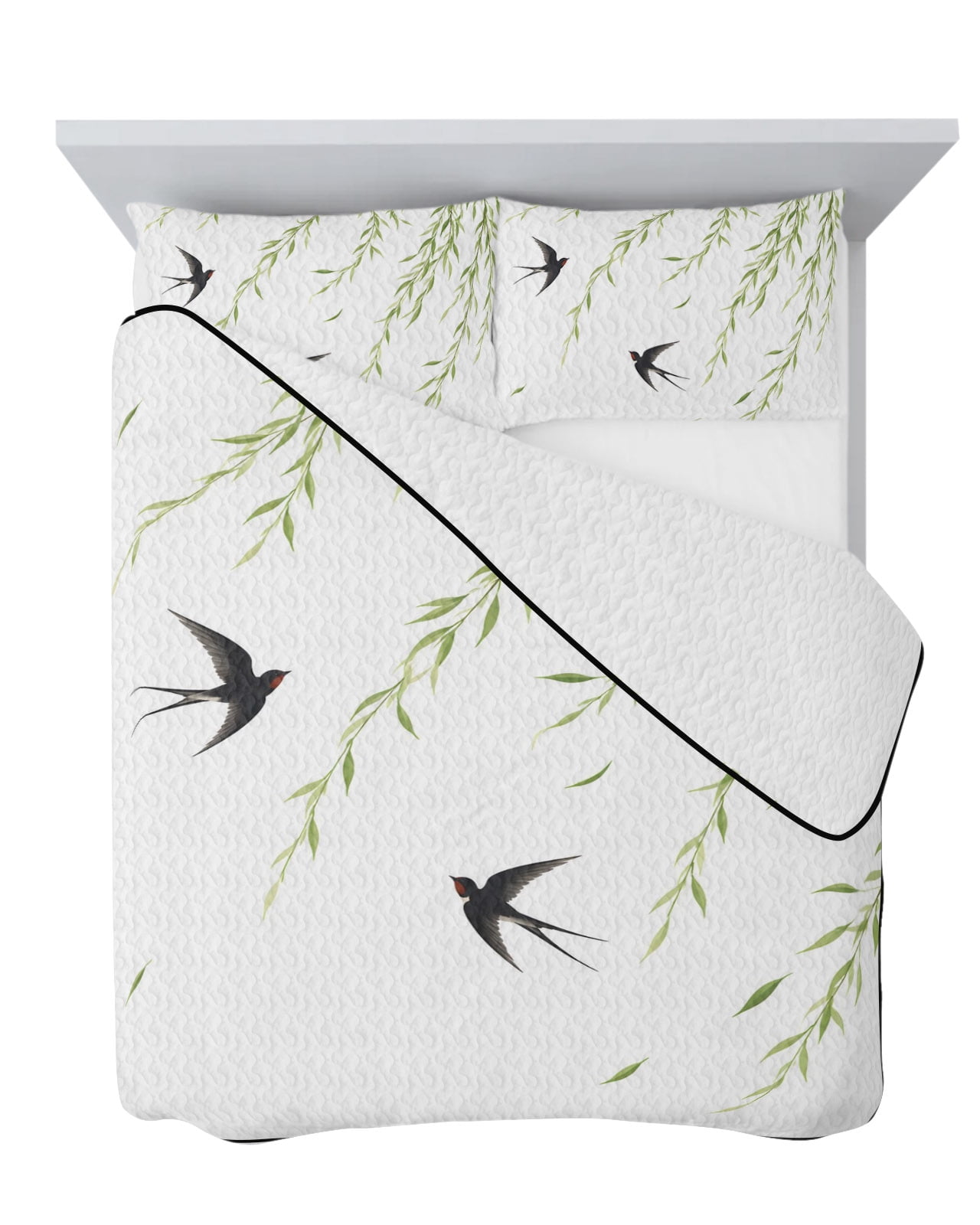 Twin Quilt Bedding Set, Chinoiserie Ink Painting Soft Microfiber Summer ...