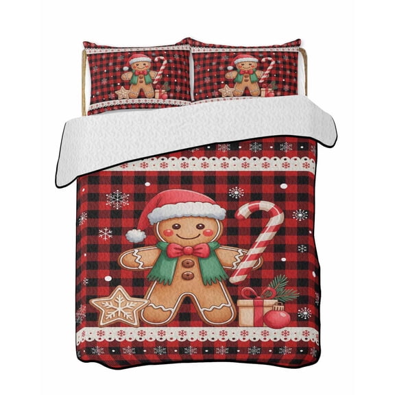 Twin Quilt Bedding Set, Christmas Gingerbread Reversible Summer Quilt 3 Pieces, Red Black Checkered Snowflake Lightweight Bedspreads Coverlets with 2 Pillow Shams for All Seasons