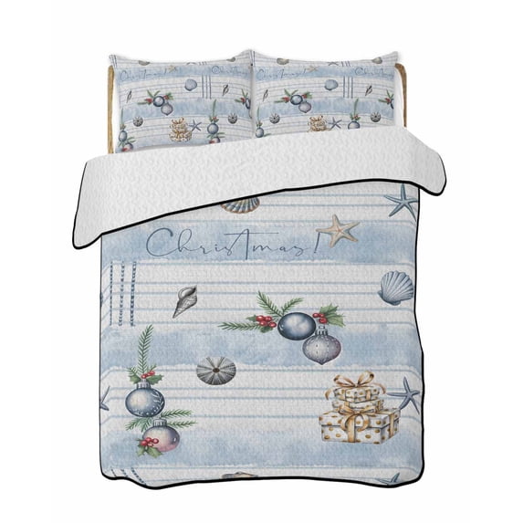 Twin Quilt Bedding Set, Christmas Reversible Summer Quilt 3 Pieces, Sliver Xmas Ball Gifts Ocean Conch Starfish Coastal Lightweight Bedspreads Coverlets with 2 Pillow Shams for All Seasons