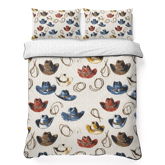 Twin Quilt Bedding Set, Classic Western Cowboy Desert Soft Microfiber Summer Bedspread Coverlet with 2 Pillow Shams for All Season, Watercolor Red Blue Hat Breathable Bedding Set for Hot Sleepers