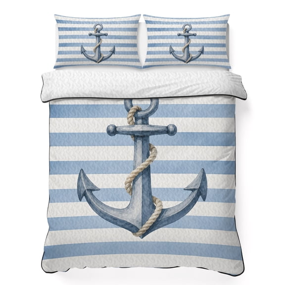 Twin Quilt Bedding Set, Coastal Blue Anchor Stripe Soft Microfiber Summer Bedspread Coverlet with 2 Pillow Shams for All Season, Summer Ocean Nautical Theme Breathable Bedding Set for Hot Sleepers