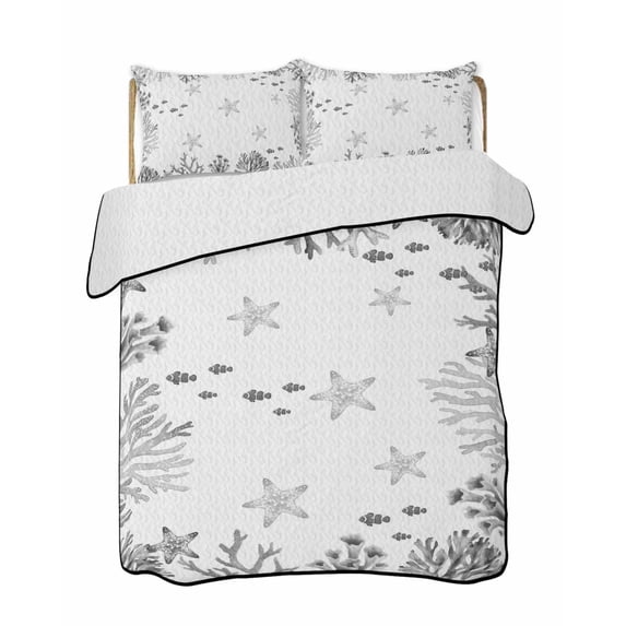 Twin Quilt Bedding Set, Coastal Marine Life Reversible Summer Quilt 3 Pieces, Summer Ocean Coral Starfish Fish Gray Lightweight Bedspreads Coverlets with 2 Pillow Shams for All Seasons