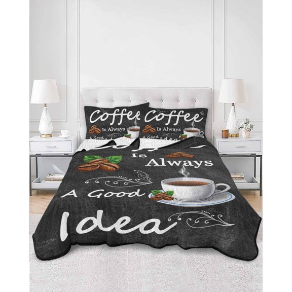 Twin Quilt Bedding Set Coffee Bean Cup Cafe Drink on Black Summer Quilt Lightweight Quilted Coverlet with 2 Pillow Shams, Coffees Good Idea Quote 3-Piece Bedspread Quilt Set for All Season