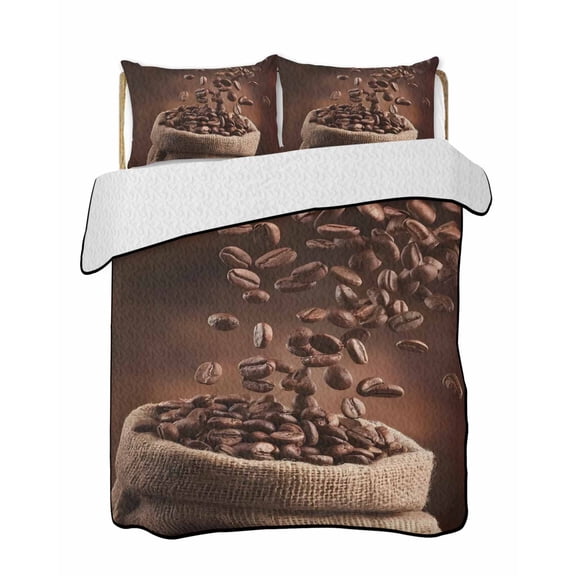 Twin Quilt Bedding Set, Coffee Beans Reversible Summer Quilt 3 Pieces, Dark Brown Falling Cafe Bean Sacks Modern Lightweight Bedspreads Coverlets with 2 Pillow Shams for All Seasons