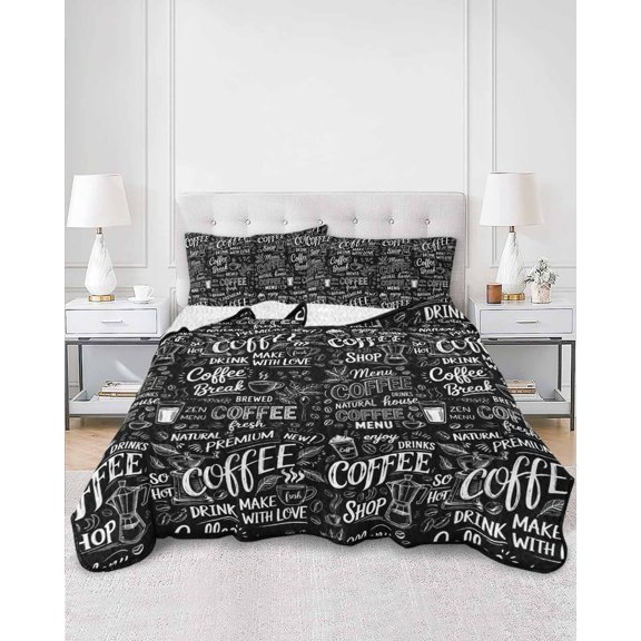 Twin Quilt Bedding Set Coffee Time White Quote on Black Summer Quilt Lightweight Quilted Coverlet with 2 Pillow Shams, Milk Tea Cup Cocoa Bean 3-Piece Bedspread Quilt Set for All Season