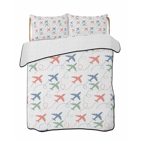 Twin Quilt Bedding Set, Colorful Airplane Reversible Summer Quilt 3 Pieces, Modern Abstract Cartoon Striped Lightweight Bedspreads Coverlets with 2 Pillow Shams for All Seasons