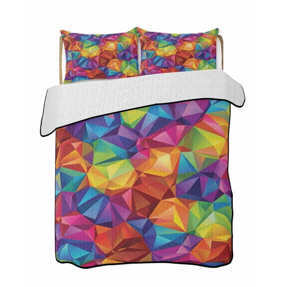 Twin Quilt Bedding Set, Colorful Geometric Reversible Summer Quilt 3 Pieces, Modern Rainbow Ombre Abstract Art Lightweight Bedspreads Coverlets with 2 Pillow Shams for All Seasons