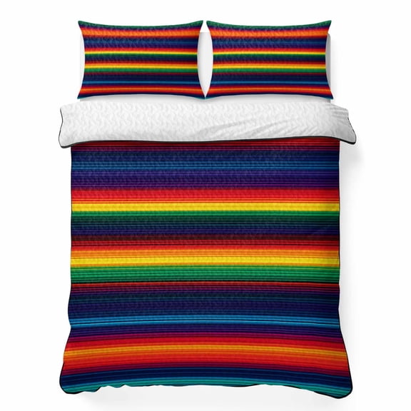 Twin Quilt Bedding Set, Colorful Mexican Stripes Soft Microfiber Summer Bedspread Coverlet with 2 Pillow Shams for All Season, Gradient Line Ethnic Style Breathable Bedding Set for Hot Sleepers