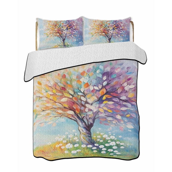 Twin Quilt Bedding Set, Colorful Tree Life Reversible Summer Quilt 3 Pieces, Spring Garden Abstract Wildflowers Lightweight Bedspreads Coverlets with 2 Pillow Shams for All Seasons