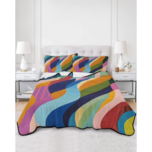 Twin Quilt Bedding Set Colorful Wavy Boho Style Summer Quilt Lightweight Quilted Coverlet with 2 Pillow Shams, Abstract Geometric Flowing Curves 3-Piece Bedspread Quilt Set for All Season