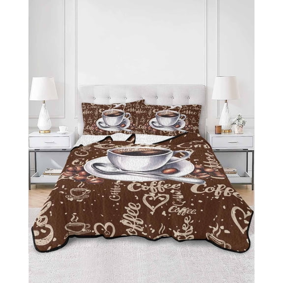 Twin Quilt Bedding Set Country Coffee Bean Drink White Cup Summer Quilt Lightweight Quilted Coverlet with 2 Pillow Shams, Vintage Brown Farmhouse 3-Piece Bedspread Quilt Set for All Season