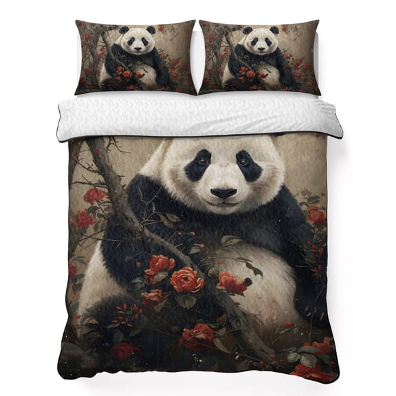 Twin Quilt Bedding Set, Cute Animals Panda Soft Microfiber Summer Bedspread Coverlet with 2 Pillow Shams for All Season, Red Roses Floral Art Breathable Bedding Set for Hot Sleepers