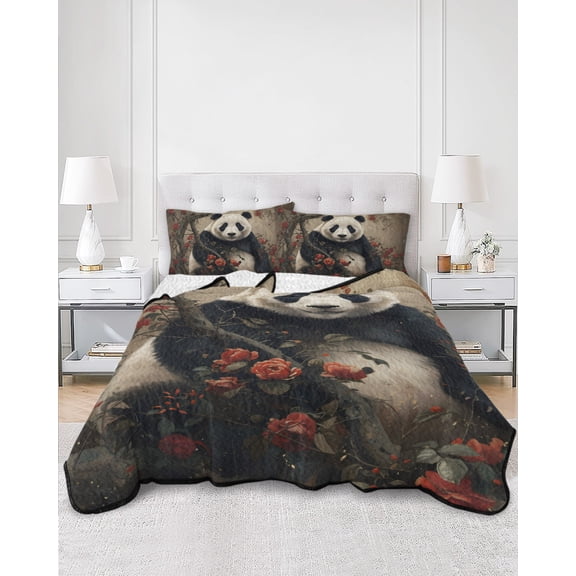 Twin Quilt Bedding Set Cute Animals Panda Summer Quilt Lightweight Quilted Coverlet with 2 Pillow Shams, Red Roses Floral Art 3-Piece Bedspread Quilt Set for All Season