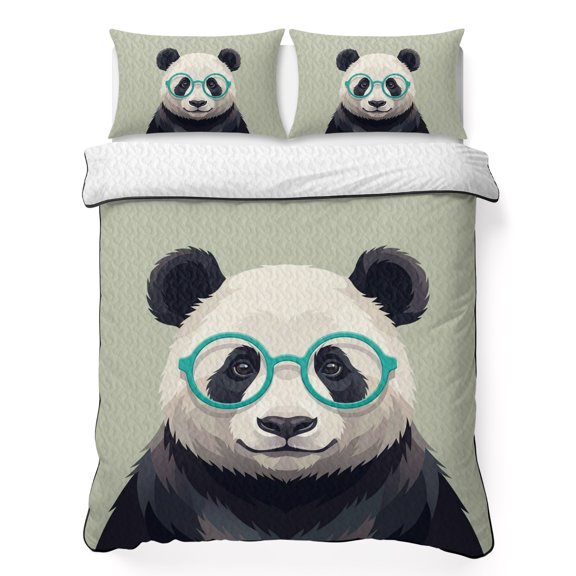 Twin Quilt Bedding Set Cute Panda on Sage Green Breathable Summer Cooling Blanket for Hot Sleepers, Country Farmhouse Animal Lightweight Soft Bedding Set with 2 Pillow Shams for All Season