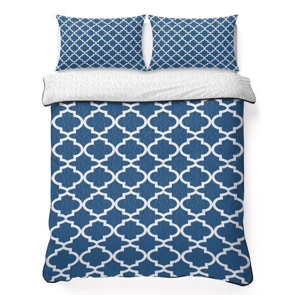 Twin Quilt Bedding Set, Dark Blue Moroccan Country Plaid Soft Microfiber Summer Bedspread Coverlet with 2 Pillow Shams for All Season, White Line Breathable Bedding Set for Hot Sleepers