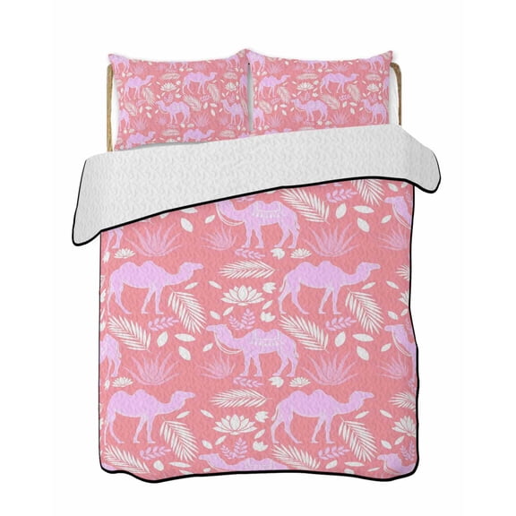 Twin Quilt Bedding Set, Desert Camel Reversible Summer Quilt 3 Pieces, Vintage Sand Camel Leaves Flower Pattern Pink Lightweight Bedspreads Coverlets with 2 Pillow Shams for All Seasons