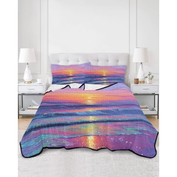Twin Quilt Bedding Set Dreamy Coastal Sea Waves Summer Quilt Lightweight Quilted Coverlet with 2 Pillow Shams, Sunset Reflection 3-Piece Bedspread Quilt Set for All Season