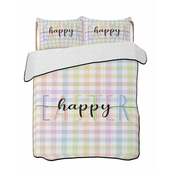 Twin Quilt Bedding Set, Easter Reversible Summer Quilt 3 Pieces, Colorful Checkered Plaid Spring Gingham Textured Lightweight Bedspreads Coverlets with 2 Pillow Shams for All Seasons
