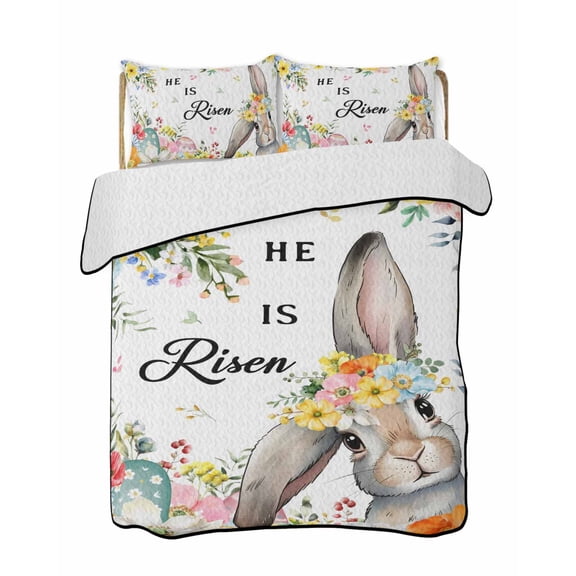 Twin Quilt Bedding Set, Easter Reversible Summer Quilt 3 Pieces, Easter Bunny Spring Watercolor He Is Risen Flowers Lightweight Bedspreads Coverlets with 2 Pillow Shams for All Seasons