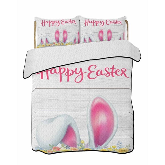 Twin Quilt Bedding Set, Easter Reversible Summer Quilt 3 Pieces, Spring Farmhouse Country Bunny Flower Wood Grain Lightweight Bedspreads Coverlets with 2 Pillow Shams for All Seasons