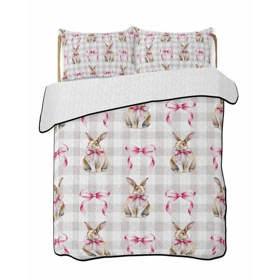 Twin Quilt Bedding Set, Easter Reversible Summer Quilt 3 Pieces, Spring Pink Bow Rabbit Grey White Gingham Plaid Lightweight Bedspreads Coverlets with 2 Pillow Shams for All Seasons
