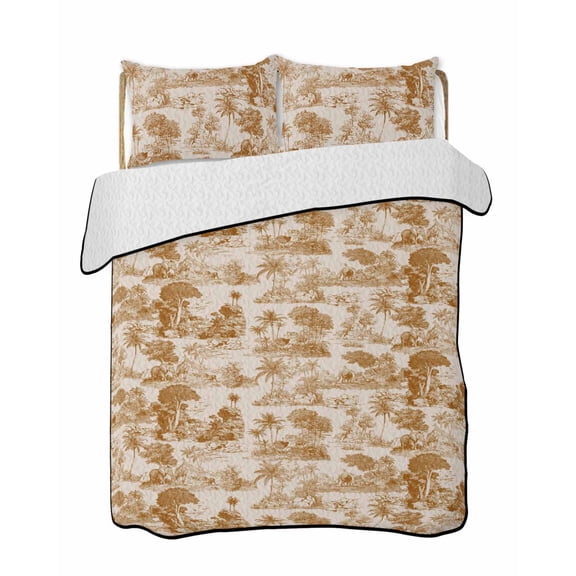 Twin Quilt Bedding Set, Elephant Forest Reversible Summer Quilt 3 Pieces, Farmhouse Retro Tropical Trees Animals Lightweight Bedspreads Coverlets with 2 Pillow Shams for All Seasons
