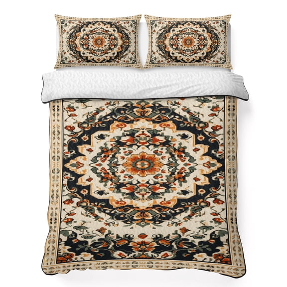 Twin Quilt Bedding Set, Ethnic Geometric Floral Leaf Soft Microfiber Summer Bedspread Coverlet with 2 Pillow Shams for All Season, Abstract Bohemian Pattern Breathable Bedding Set for Hot Sleepers