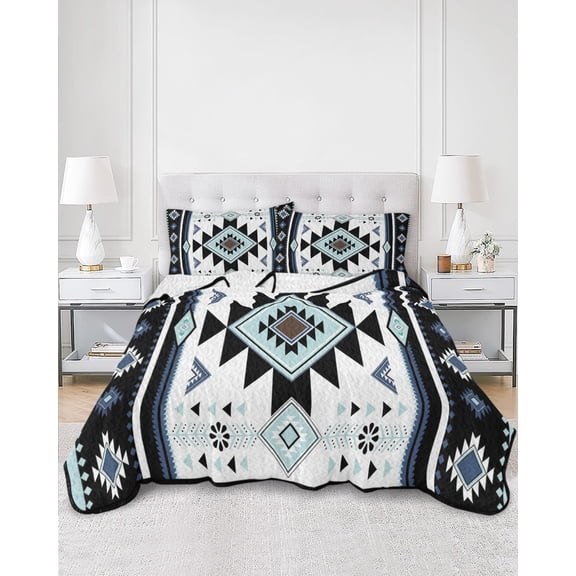 Twin Quilt Bedding Set Ethnic Tribal Aztec Geometric Pattern Summer Quilt Lightweight Quilted Coverlet with 2 Pillow Shams, Blue Black White 3-Piece Bedspread Quilt Set for All Season