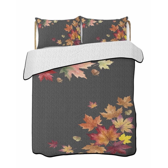 Twin Quilt Bedding Set, Fall Maple Reversible Summer Quilt 3 Pieces, Watercolor Autumn Orange Red Leaves Dark Grey Lightweight Bedspreads Coverlets with 2 Pillow Shams for All Seasons