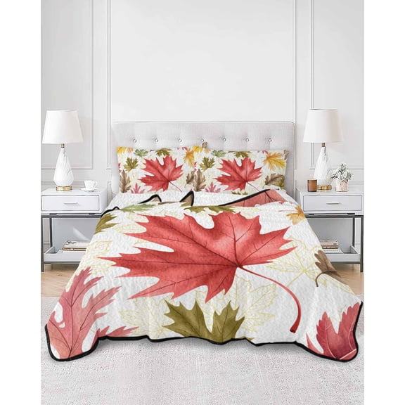 Twin Quilt Bedding Set Fall Watercolor Maple Leaf Seamless Summer Quilt Lightweight Quilted Coverlet with 2 Pillow Shams, Gold Line Sketch Art 3-Piece Bedspread Quilt Set for All Season