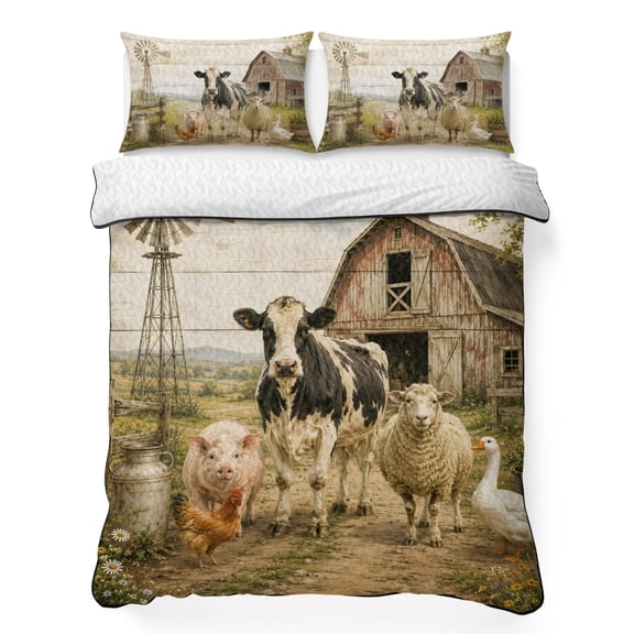 Twin Quilt Bedding Set Farm Animal Sheep Cow Pig Breathable Summer Cooling Blanket for Hot Sleepers, Retro Duck Chicken Pattern Lightweight Soft Bedding Set with 2 Pillow Shams for All Season