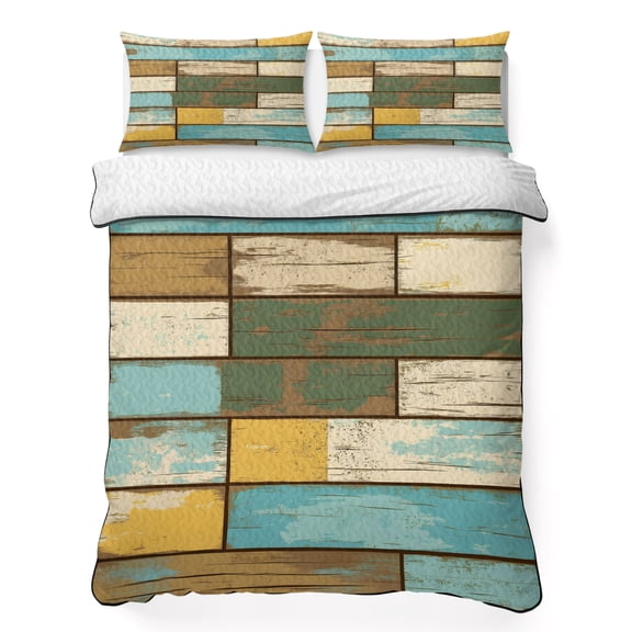 Twin Quilt Bedding Set, Farm Barn Vintage Wood Grain Soft Microfiber Summer Bedspread Coverlet with 2 Pillow Shams, Country Farmhouse Rustic Plank Breathable Bedding Set for Hot Sleepers