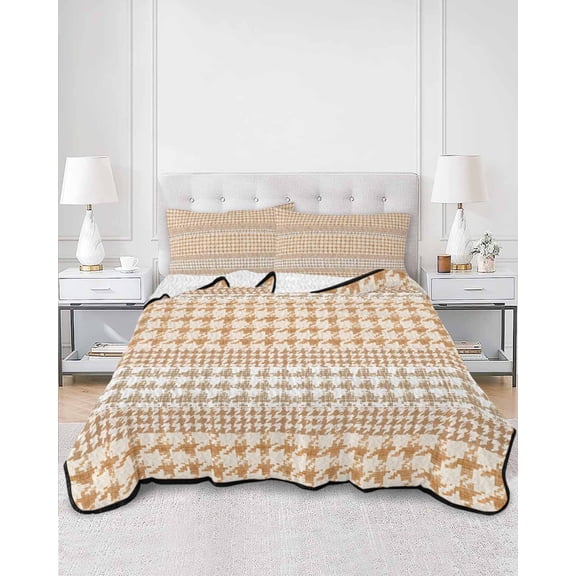 Twin Quilt Bedding Set Farm Lattice Houndstooth Pattern Summer Quilt Lightweight Quilted Coverlet with 2 Pillow Shams, Rustic Beige Khaki Plaid 3-Piece Bedspread Quilt Set for All Season