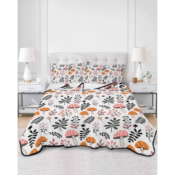 Twin Quilt Bedding Set Farm Mushroom Leaf Cartoon Style Summer Quilt Lightweight Quilted Coverlet with 2 Pillow Shams, Autumn Leaves Seamless 3-Piece Bedspread Quilt Set for All Season