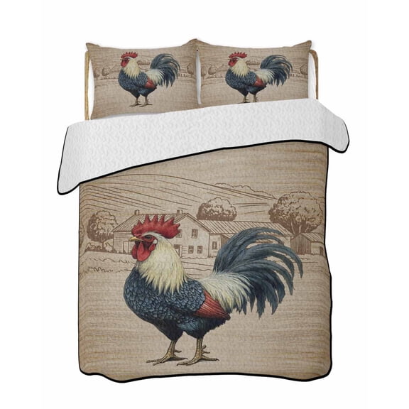 Twin Quilt Bedding Set, Farm Roosters Reversible Summer Quilt 3 Pieces, Farmhouse Farm Chicken Countryside Retro Lightweight Bedspreads Coverlets with 2 Pillow Shams for All Seasons