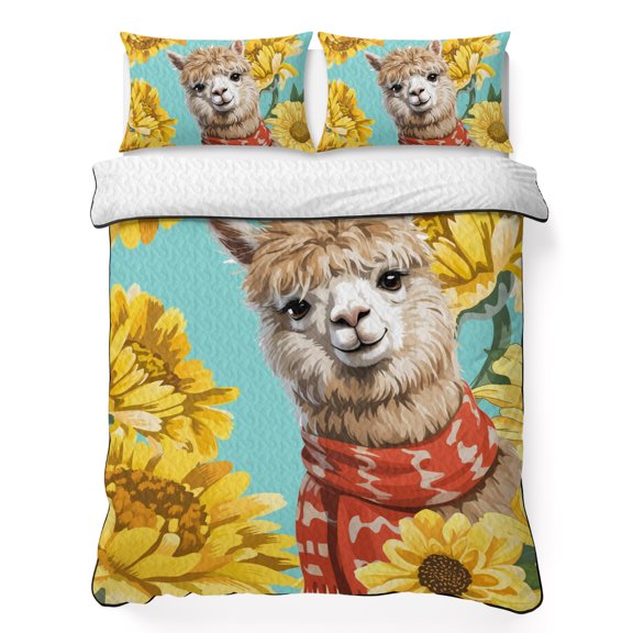 Twin Quilt Bedding Set Farm Watercolor Sunflower Alpaca Breathable Summer Cooling Blanket for Hot Sleepers, Animal Floral on Teal Lightweight Soft Bedding Set with 2 Pillow Shams for All Season