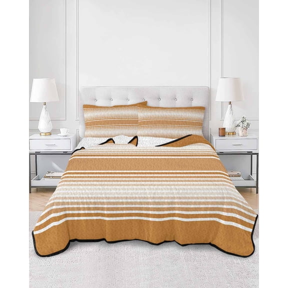 Twin Quilt Bedding Set Farmhouse Amber Stripes Summer Quilt Lightweight Quilted Coverlet with 2 Pillow Shams, Earthy Lines 3-Piece Bedspread Quilt Set for All Season