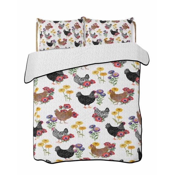 Twin Quilt Bedding Set, Farmhouse Rooster Reversible Summer Quilt 3 Pieces, Country Watercolor Flowers Wood Grain Lightweight Bedspreads Coverlets with 2 Pillow Shams for All Seasons