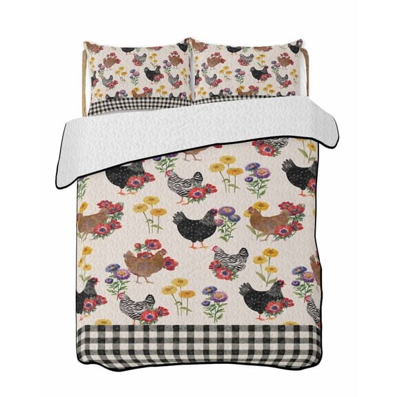 Twin Quilt Bedding Set, Farmhouse Rooster Reversible Summer Quilt 3 Pieces, Vintage Watercolor Flowers Black Plaid Lightweight Bedspreads Coverlets with 2 Pillow Shams for All Seasons