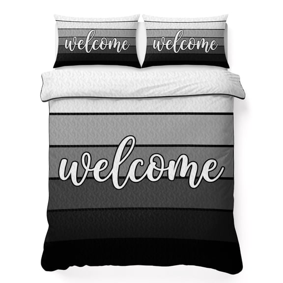 Twin Quilt Bedding Set Farmhouse Welcome Text Breathable Summer Cooling Blanket for Hot Sleepers, Black Gray White Wood Board Lightweight Soft Bedding Set with 2 Pillow Shams for All Season