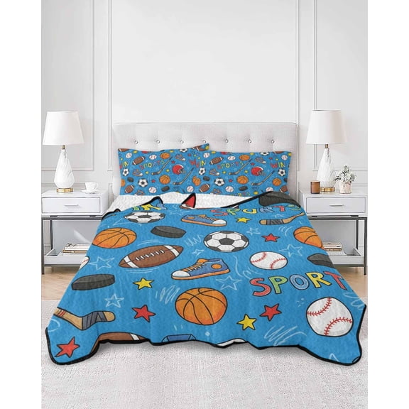 Twin Quilt Bedding Set Football Basketball Rugby Baseball on Blue Summer Quilt Lightweight Quilted Coverlet with 2 Pillow Shams, Win Sports 3-Piece Bedspread Quilt Set for All Season
