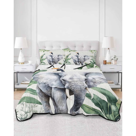 Twin Quilt Bedding Set Fun Elephant Tropical Palm Leaf Summer Quilt Lightweight Quilted Coverlet with 2 Pillow Shams, Green Jungle Bird 3-Piece Bedspread Quilt Set for All Season