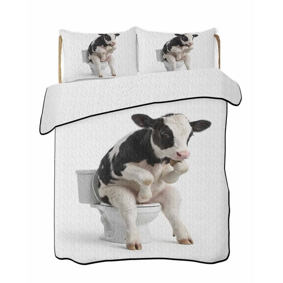 Twin Quilt Bedding Set, Funny Cows Reversible Summer Quilt 3 Pieces, Cute Art Fun Lovely Animals on Toilets Lightweight Bedspreads Coverlets with 2 Pillow Shams for All Seasons