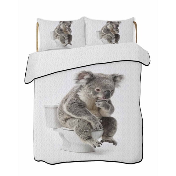 Twin Quilt Bedding Set, Funny Koala Reversible Summer Quilt 3 Pieces, Cute Art Fun Lovely Animals on Toilets Lightweight Bedspreads Coverlets with 2 Pillow Shams for All Seasons