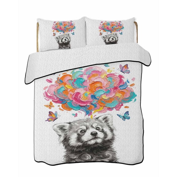 Twin Quilt Bedding Set, Funny Raccoon Reversible Summer Quilt 3 Pieces, Modern Abstract Art Colorful Clouds Lightweight Bedspreads Coverlets with 2 Pillow Shams for All Seasons